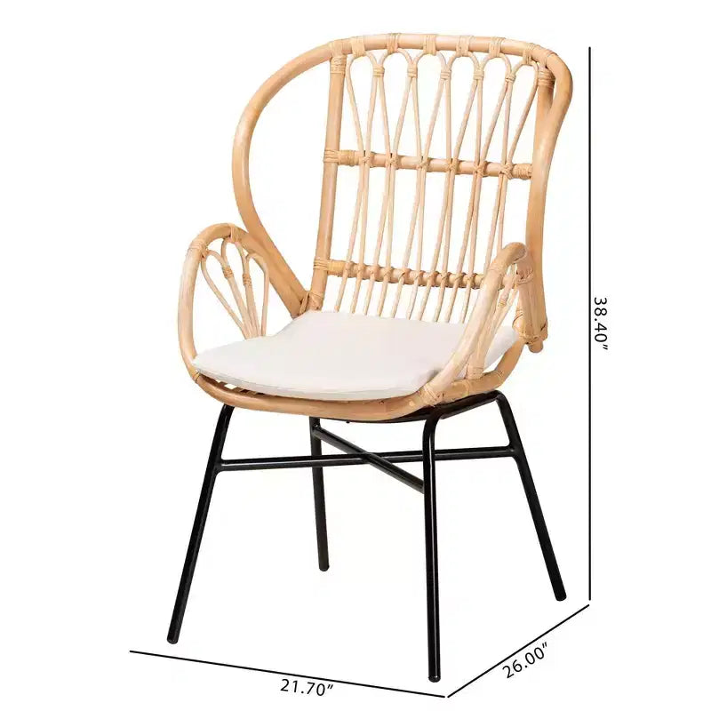 Rattan and Metal Chair Natural/Brown, Bohemian Style, Plush Cushion, Sturdy Crisscross Base, Armless, Spot Clean