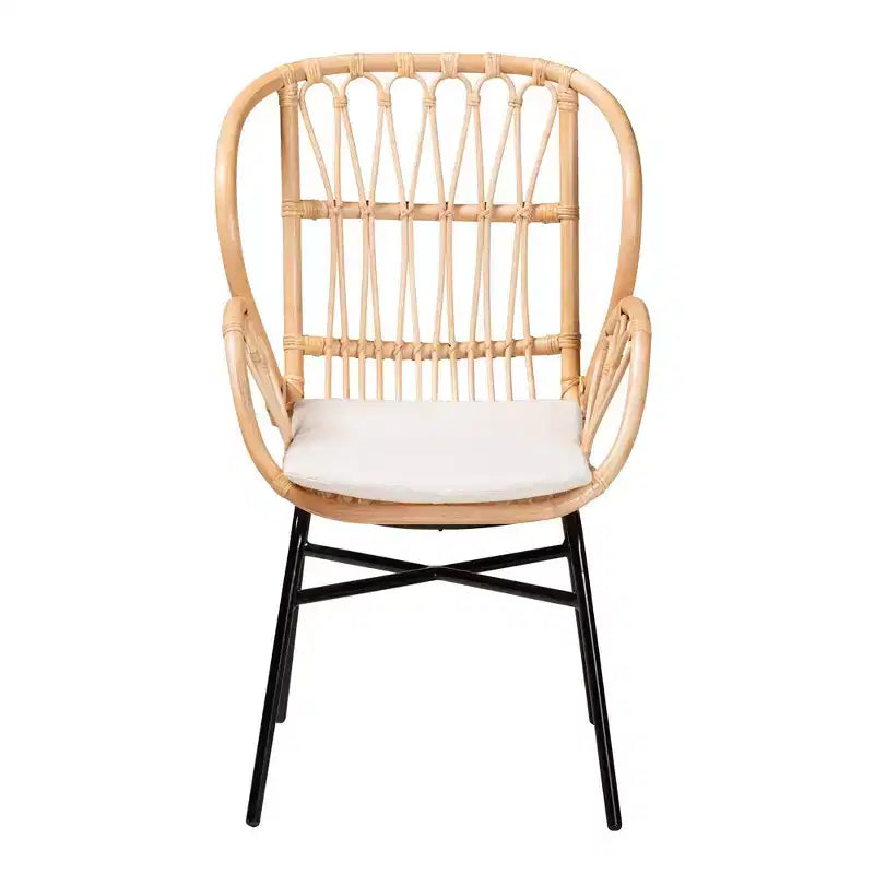 Rattan and Metal Chair Natural/Brown, Bohemian Style, Plush Cushion, Sturdy Crisscross Base, Armless, Spot Clean