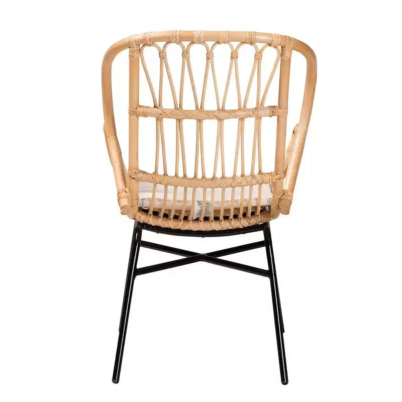 Rattan and Metal Chair Natural/Brown, Bohemian Style, Plush Cushion, Sturdy Crisscross Base, Armless, Spot Clean