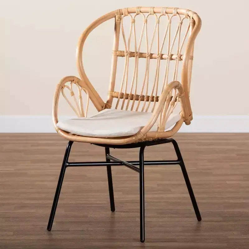 Rattan and Metal Chair Natural/Brown, Bohemian Style, Plush Cushion, Sturdy Crisscross Base, Armless, Spot Clean