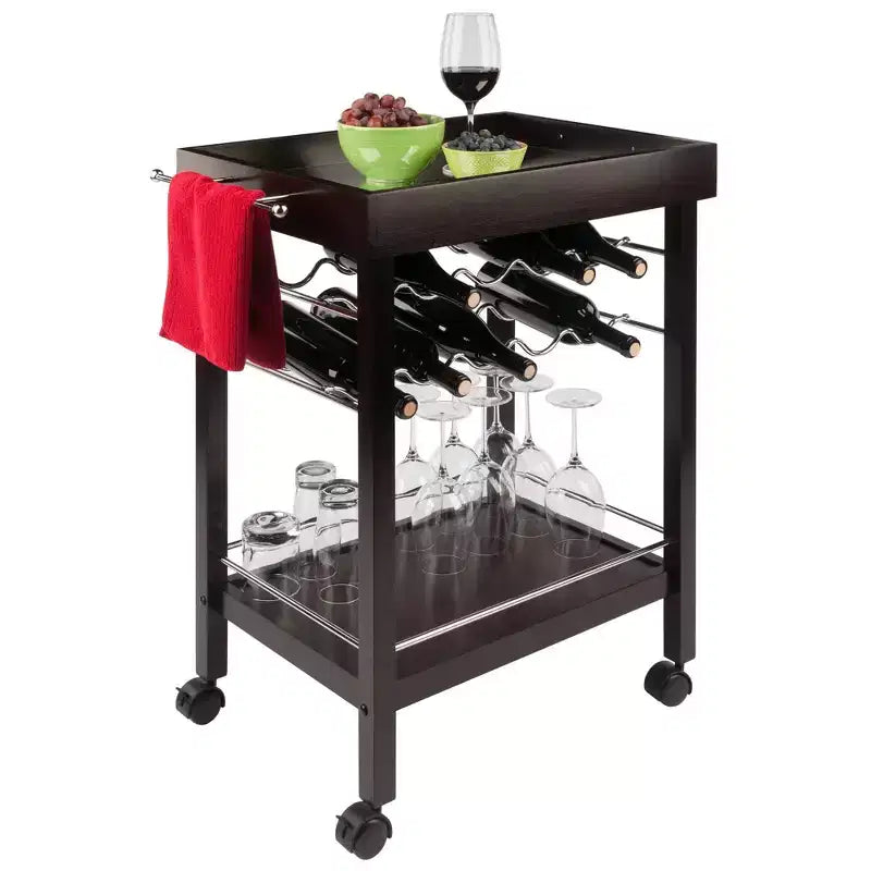 Bar Cart Dark Espresso - Hardwood Beverage Trolley with Wine Storage, 30 Day Limited Warranty