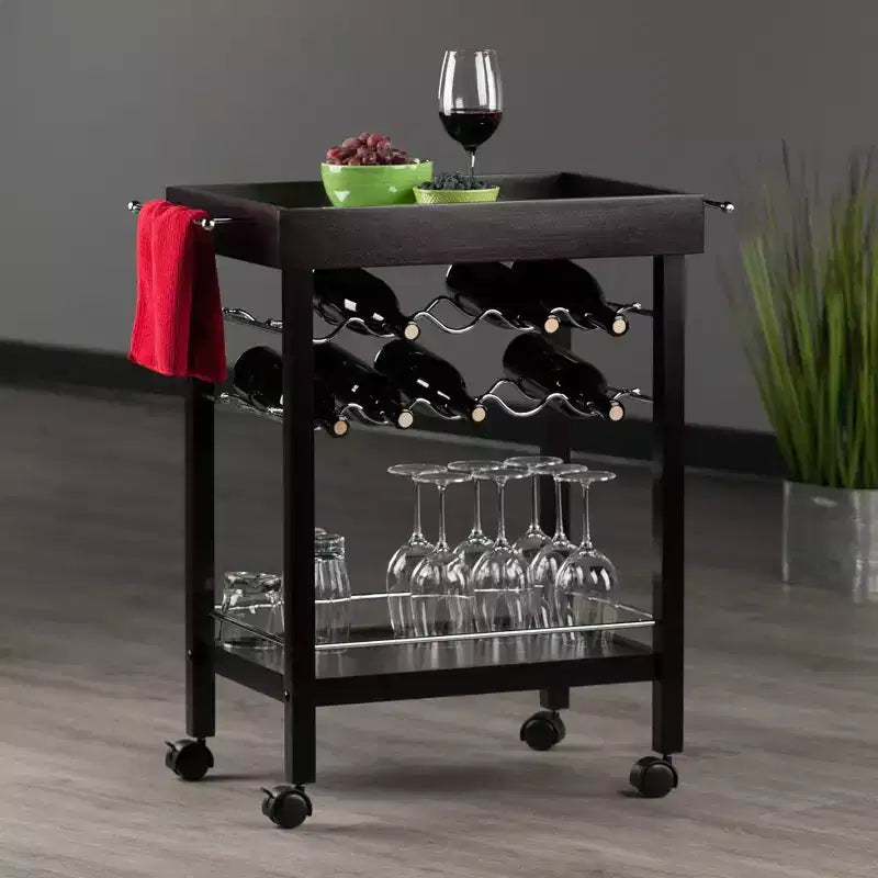 Bar Cart Dark Espresso - Hardwood Beverage Trolley with Wine Storage, 30 Day Limited Warranty