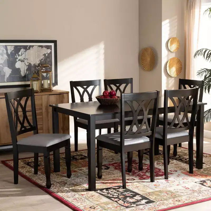 7pc Upholstered Wood Dining Sand Gray/Espresso - Solid Rubberwood, Foam-Padded Chairs
