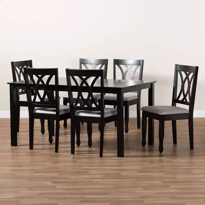 7pc Upholstered Wood Dining Sand Gray/Espresso - Solid Rubberwood, Foam-Padded Chairs