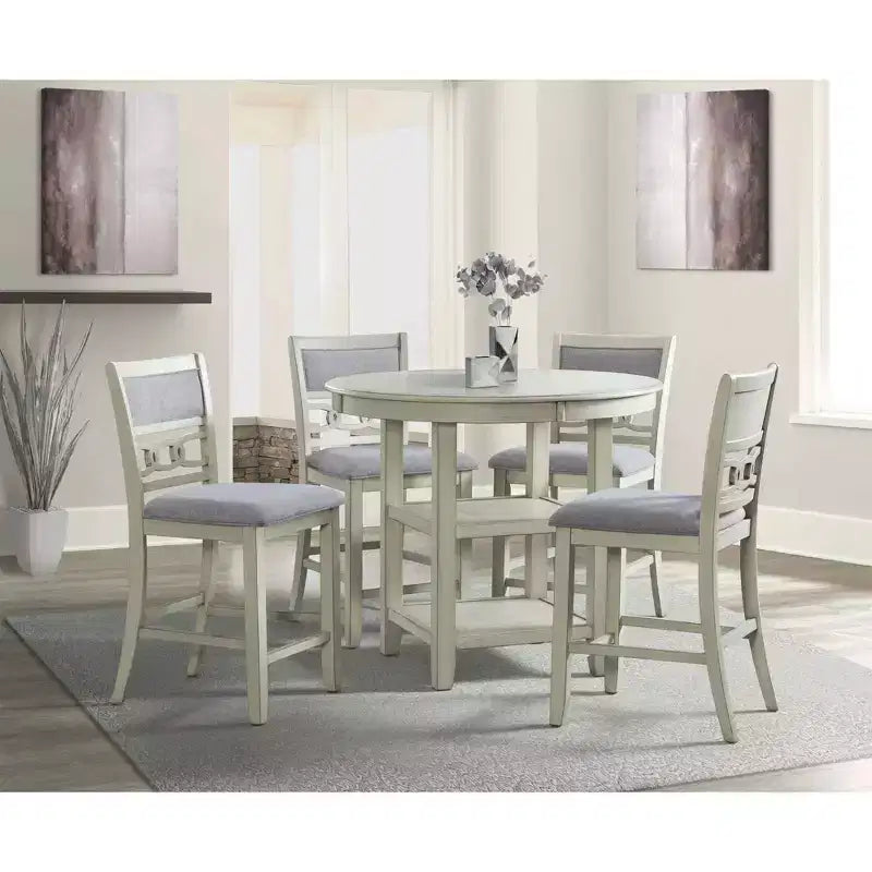 5pc Counter Height Dining Beige - Transitional Round Table, Upholstered Armless Chairs
