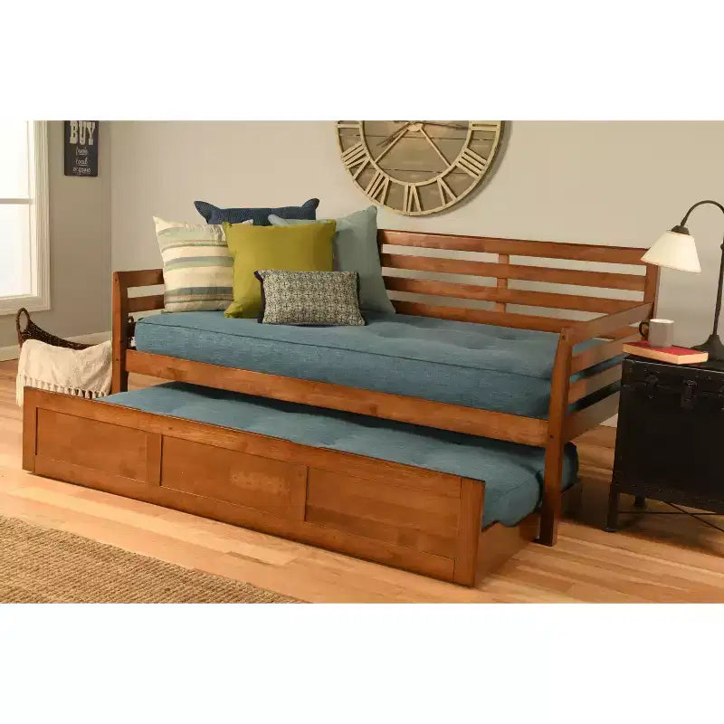 Trundle Daybed /Aqua - Dual Comfort: Linen Upholstery, Twin Bed, Hardwood Frame, Modern Style