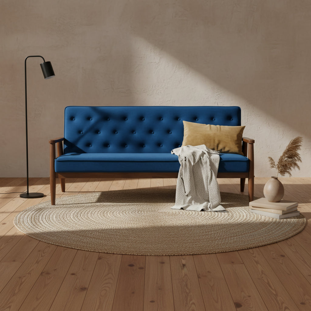 Sorrento Velvet Upholstered Wooden 3 Seater Sofa Navy Blue/Brown - Baxton Studio: Danish Design, Rubberwood Frame