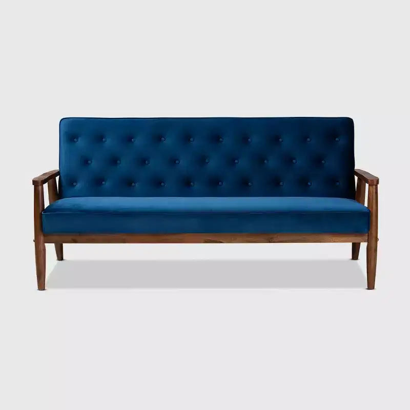 Velvet Upholstered Wooden 3 Seater Sofa Navy Blue/Brown - Danish Design, Rubberwood Frame