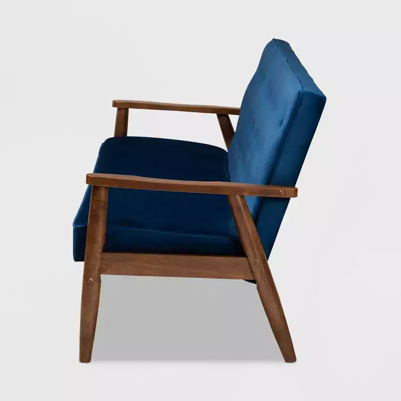 Velvet Upholstered Wooden 3 Seater Sofa Navy Blue/Brown - Danish Design, Rubberwood Frame