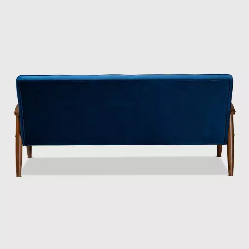 Velvet Upholstered Wooden 3 Seater Sofa Navy Blue/Brown - Danish Design, Rubberwood Frame