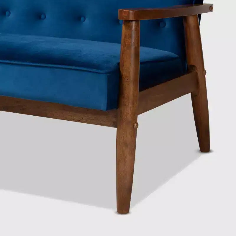 Velvet Upholstered Wooden 3 Seater Sofa Navy Blue/Brown - Danish Design, Rubberwood Frame