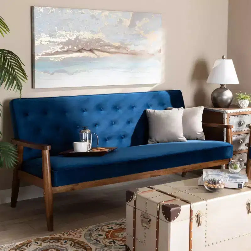 Velvet Upholstered Wooden 3 Seater Sofa Navy Blue/Brown - Danish Design, Rubberwood Frame