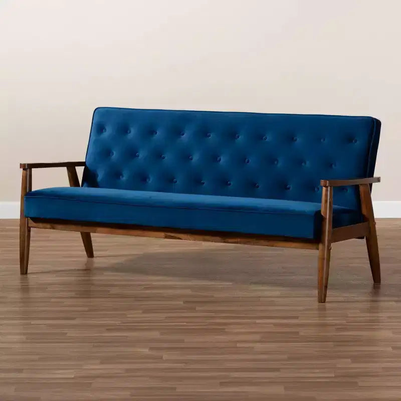 Velvet Upholstered Wooden 3 Seater Sofa Navy Blue/Brown - Danish Design, Rubberwood Frame