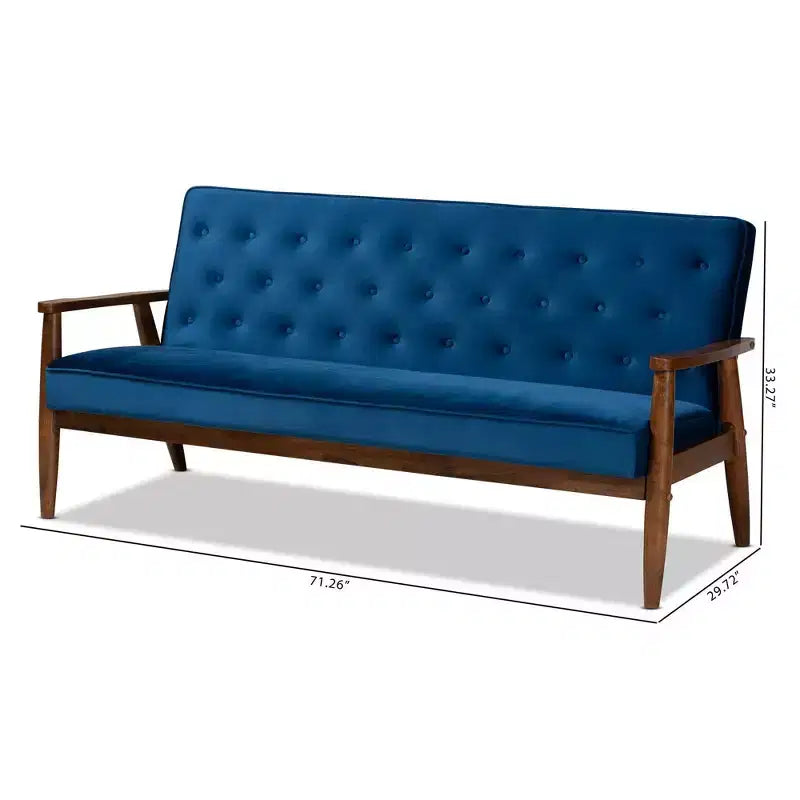 Velvet Upholstered Wooden 3 Seater Sofa Navy Blue/Brown - Danish Design, Rubberwood Frame