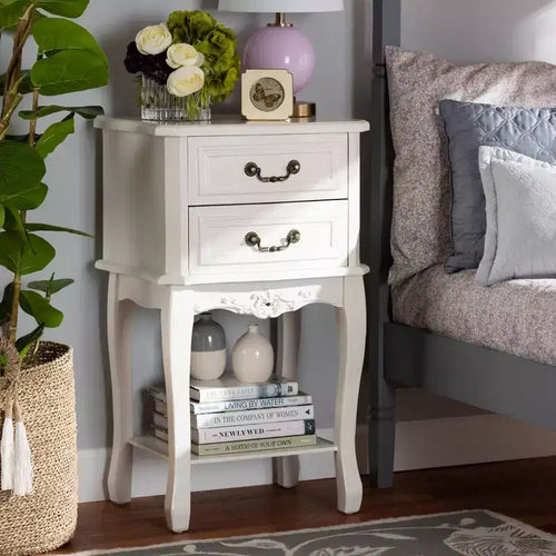 Table de chevet en bois 2 tiroirs Blanc/Laiton