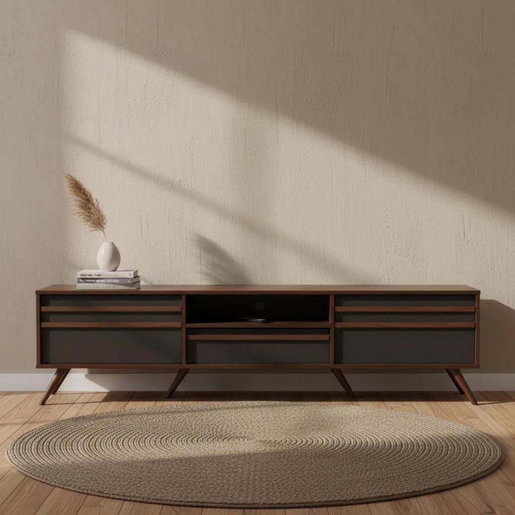 Naoki Wood TV Stand for TVs up to 75" Gray/Walnut - Baxton Studio: Modern Media Console with Storage & Cord Management