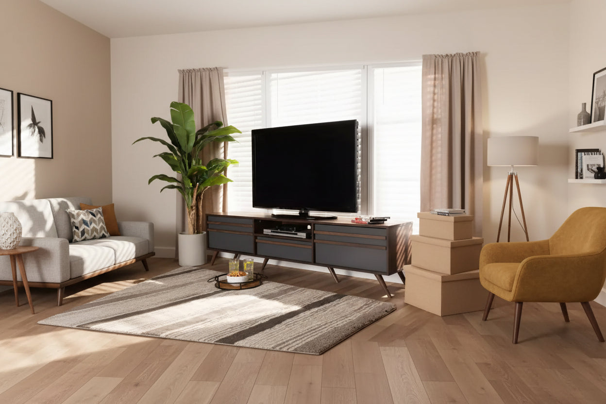 Wood TV Stand for TVs up to 75" Gray/Walnut, Modern Media Console with Storage & Cord Management