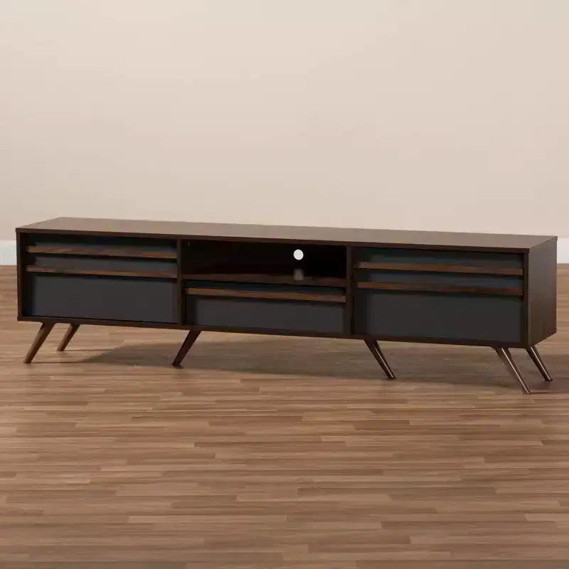 Wood TV Stand for TVs up to 75" Gray/Walnut, Modern Media Console with Storage & Cord Management