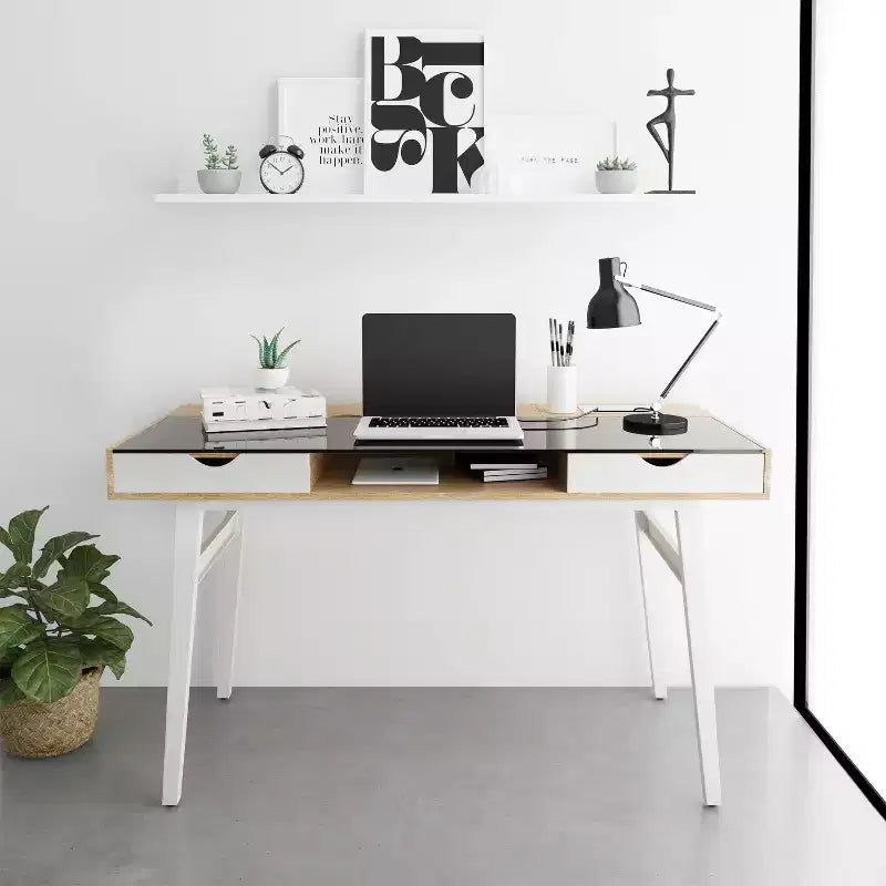 Bureau informatique compact avec rangements multiples Noyer, Mobilier de bureau moderne avec gestion des câbles