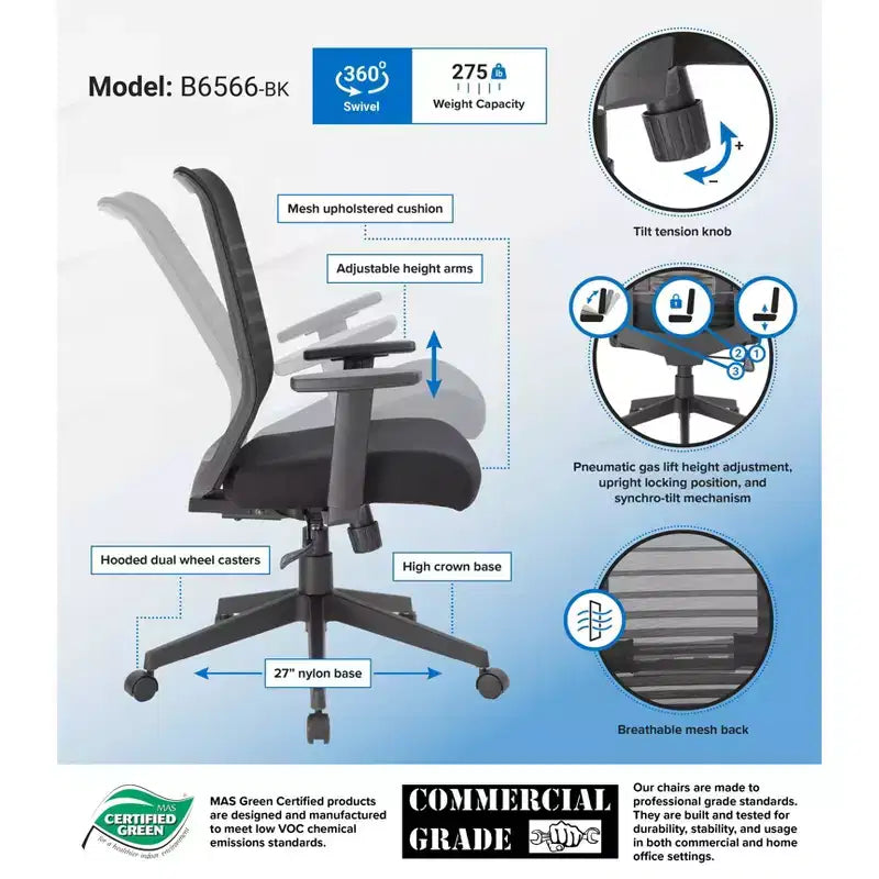 Mesh Task Chair Black - Synchro-Tilt, Adjustable Arms, 275lbs Capacity