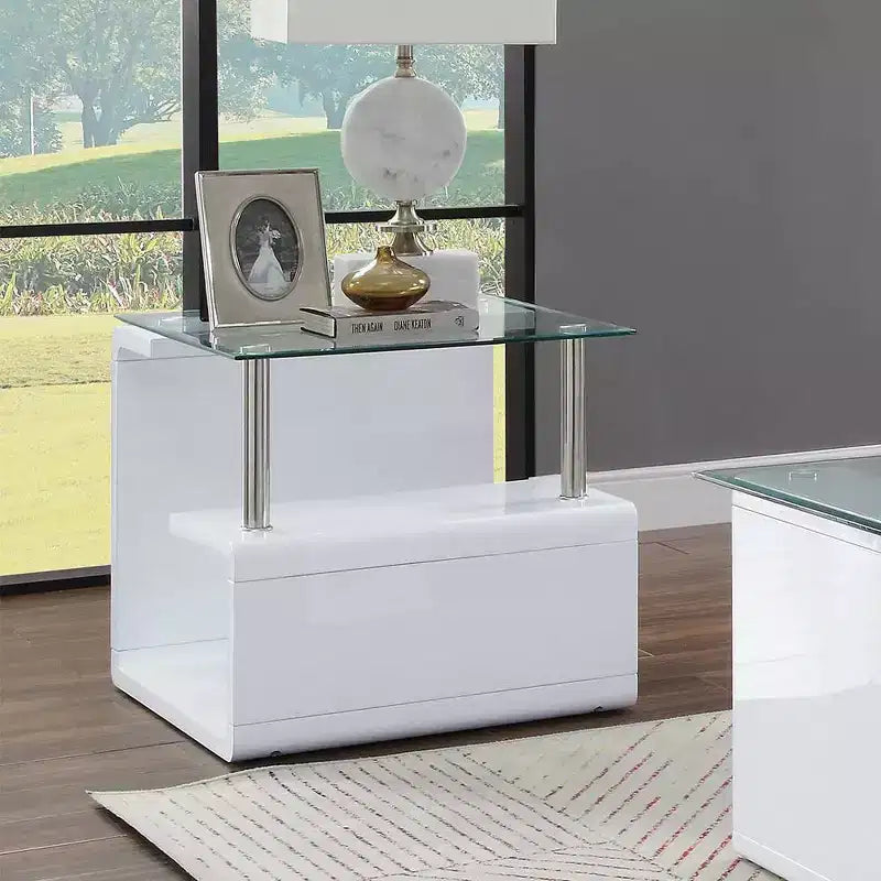 Table d'appoint 24" avec dessus en verre transparent et fini lustré blanc