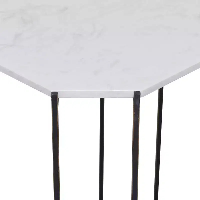Contemporary Metal and Marble Geometric Accent Table White, Elegant Iron Top, No Assembly Required
