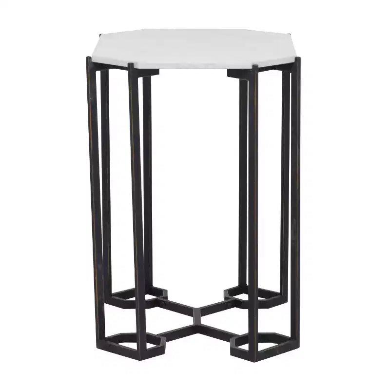 Contemporary Metal and Marble Geometric Accent Table White, Elegant Iron Top, No Assembly Required