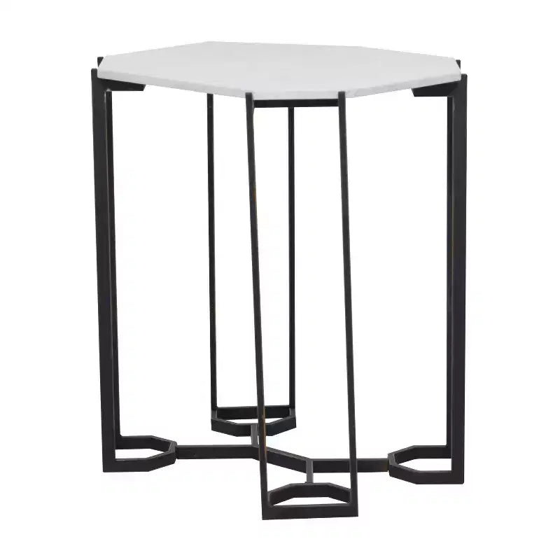 Contemporary Metal and Marble Geometric Accent Table White, Elegant Iron Top, No Assembly Required