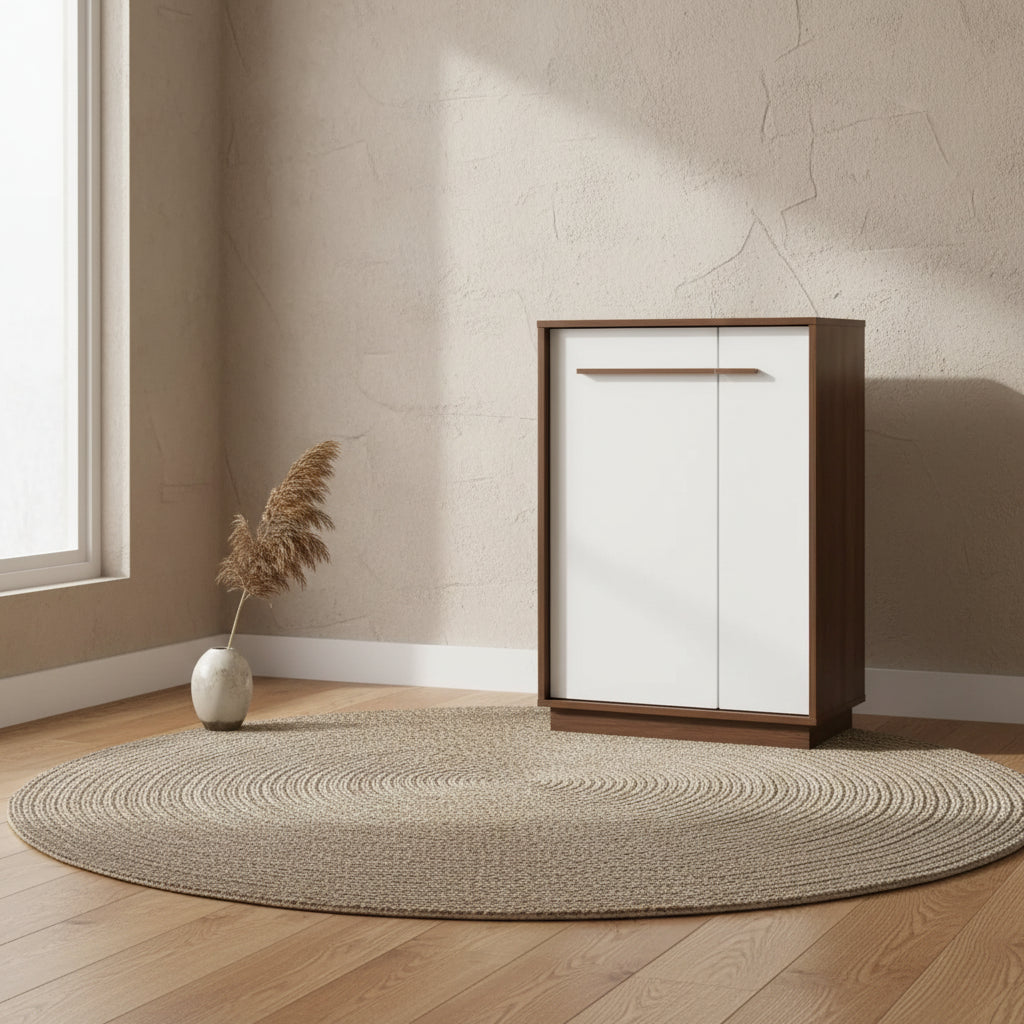 Mette Walnut Finished Wood Shoe Cabinet White - Baxton Studio: Entryway Storage, 15-Pair Organizer