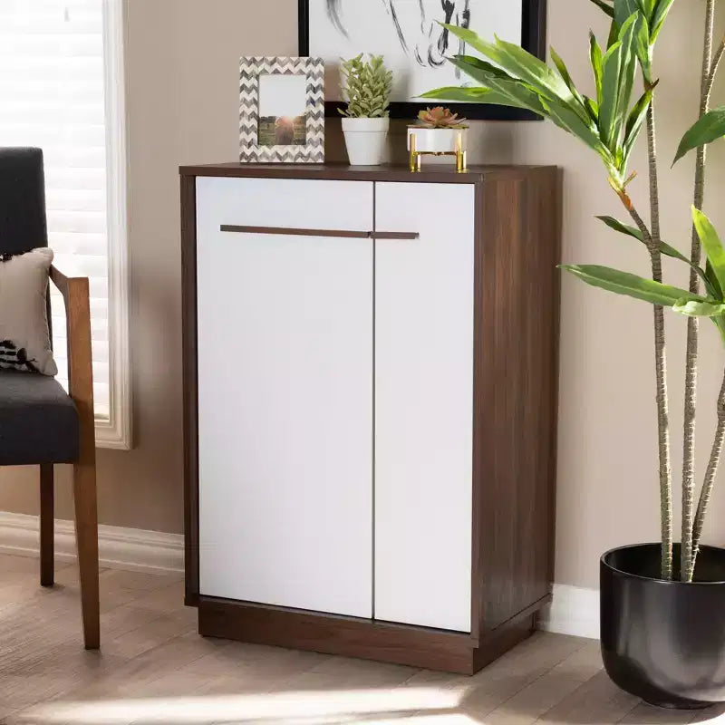 Walnut Finished Wood Shoe Cabinet White - Entryway Storage, 15-Pair Organizer