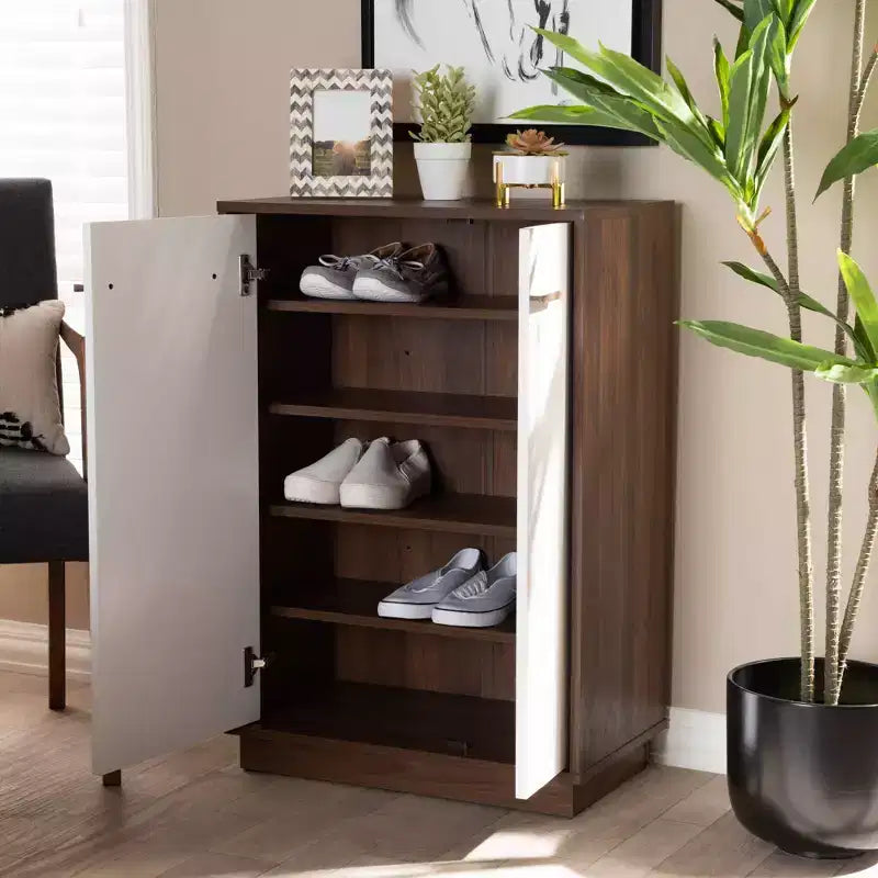 Walnut Finished Wood Shoe Cabinet White - Entryway Storage, 15-Pair Organizer