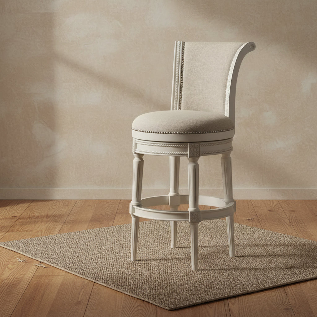 55 Downing Street Oliver Wood Swivel Bar Stool White 30 1/2 High Traditional Scroll Cream Cushion with Backrest Footrest for Kitchen Counter Height