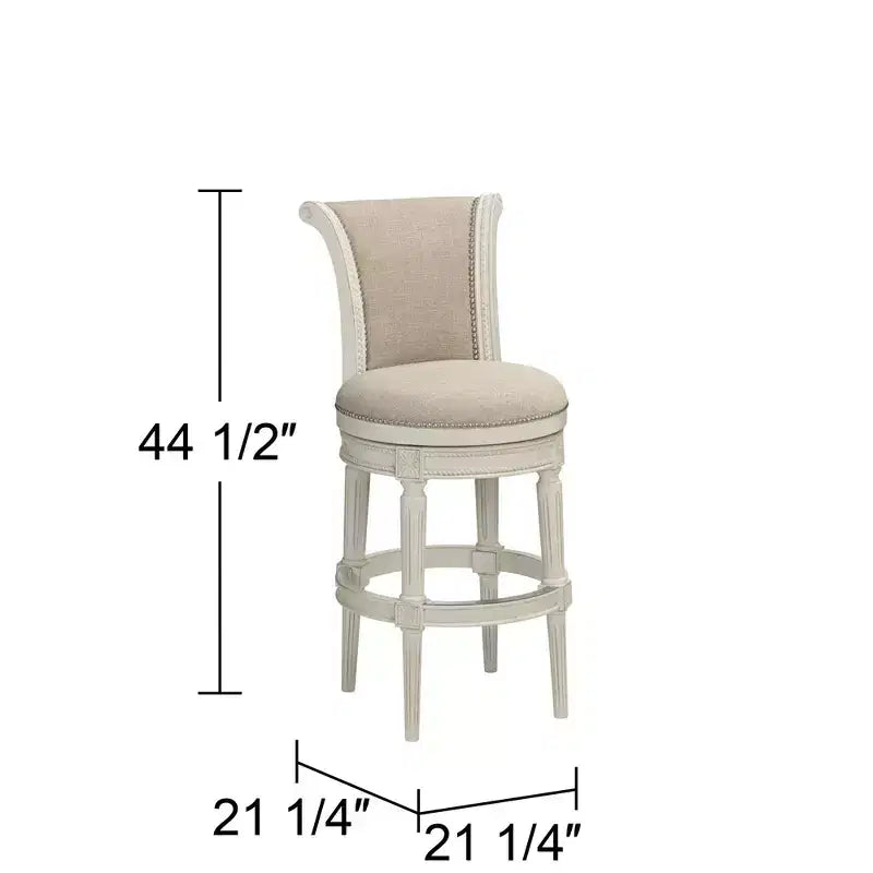 Tabouret de bar pivotant en bois blanc de 77,5 cm de haut, coussin crème à volutes traditionnelles avec dossier et repose-pieds, pour comptoir de cuisine.