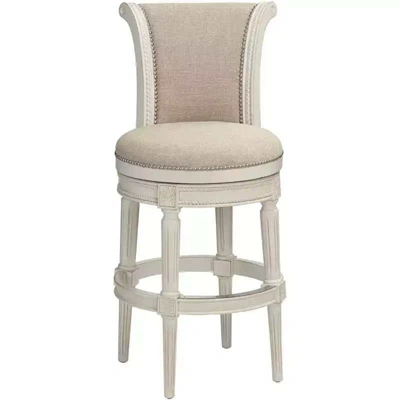 Tabouret de bar pivotant en bois blanc de 77,5 cm de haut, coussin crème à volutes traditionnelles avec dossier et repose-pieds, pour comptoir de cuisine.