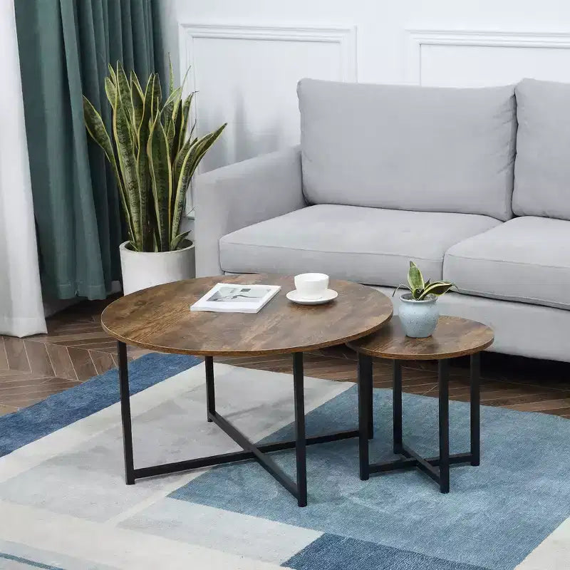 Round Coffee Table, Nesting of 2 with Metal Frame, Industrial Side End Table for Living Room Bedroom, Rustic Brown