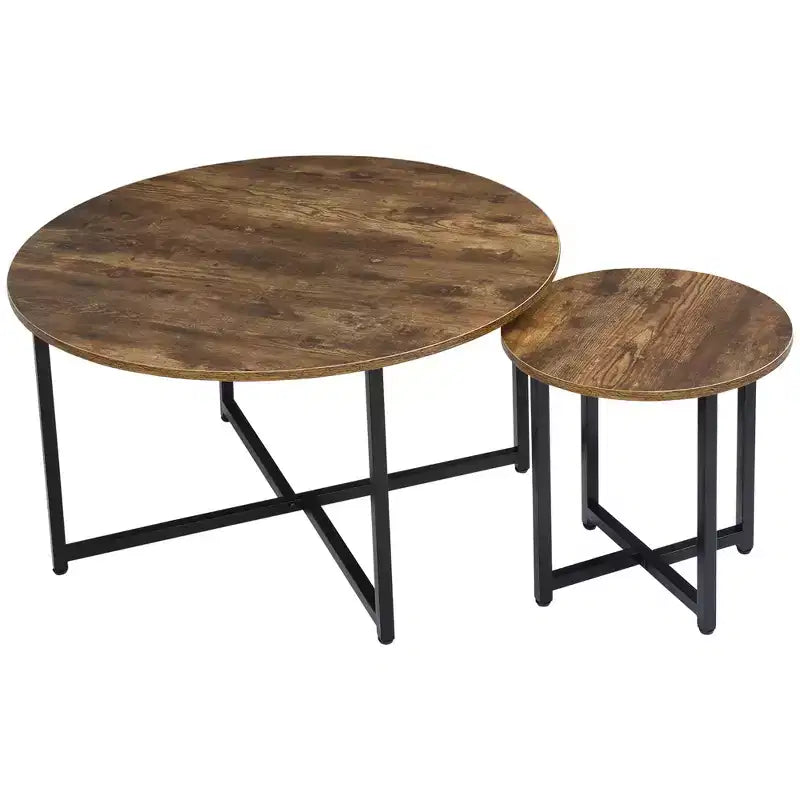 Round Coffee Table, Nesting of 2 with Metal Frame, Industrial Side End Table for Living Room Bedroom, Rustic Brown