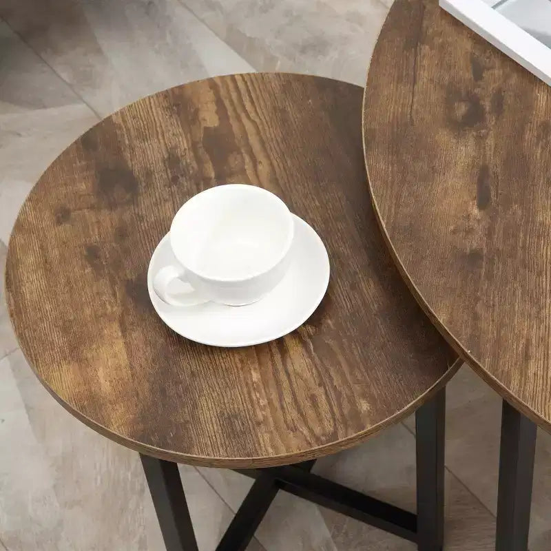 Round Coffee Table, Nesting of 2 with Metal Frame, Industrial Side End Table for Living Room Bedroom, Rustic Brown