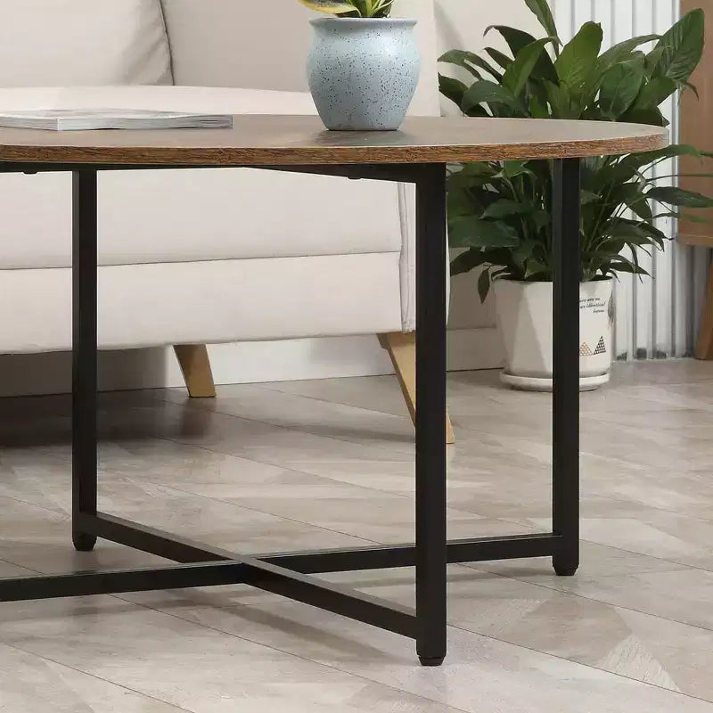 Round Coffee Table, Nesting of 2 with Metal Frame, Industrial Side End Table for Living Room Bedroom, Rustic Brown