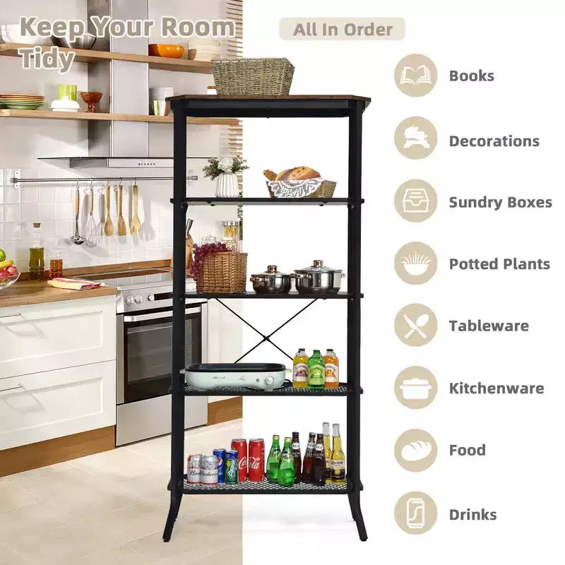5 Tier Bookshelf Standing Storage Shelf Unit for Kitchen Living Room Office