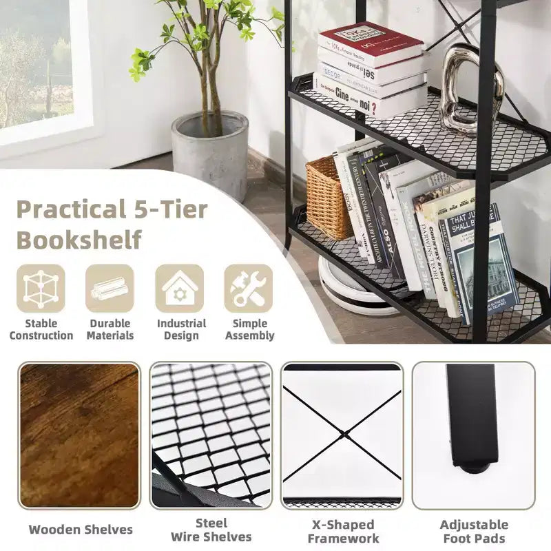 5 Tier Bookshelf Standing Storage Shelf Unit for Kitchen Living Room Office