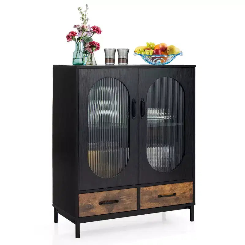 Costway Kitchen Storage Cabinet Freestanding Buffet Sideboard w/ 2 Glass Doors & Drawers