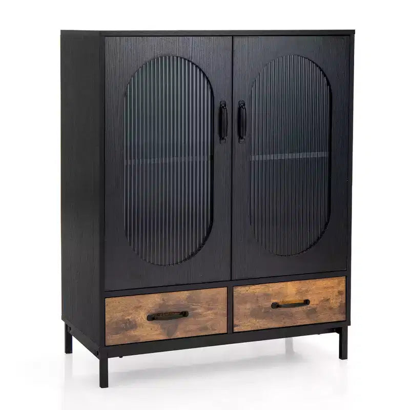 Meuble de Rangement de Cuisine Autonome Buffet avec 2 Portes Vitrées et Tiroirs