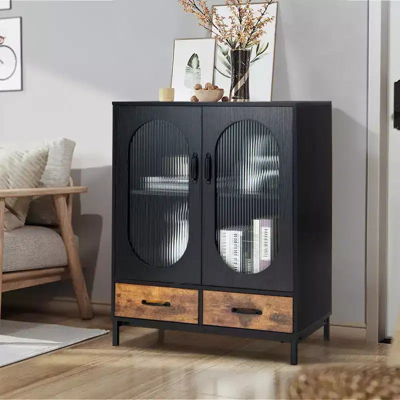 Meuble de Rangement de Cuisine Autonome Buffet avec 2 Portes Vitrées et Tiroirs
