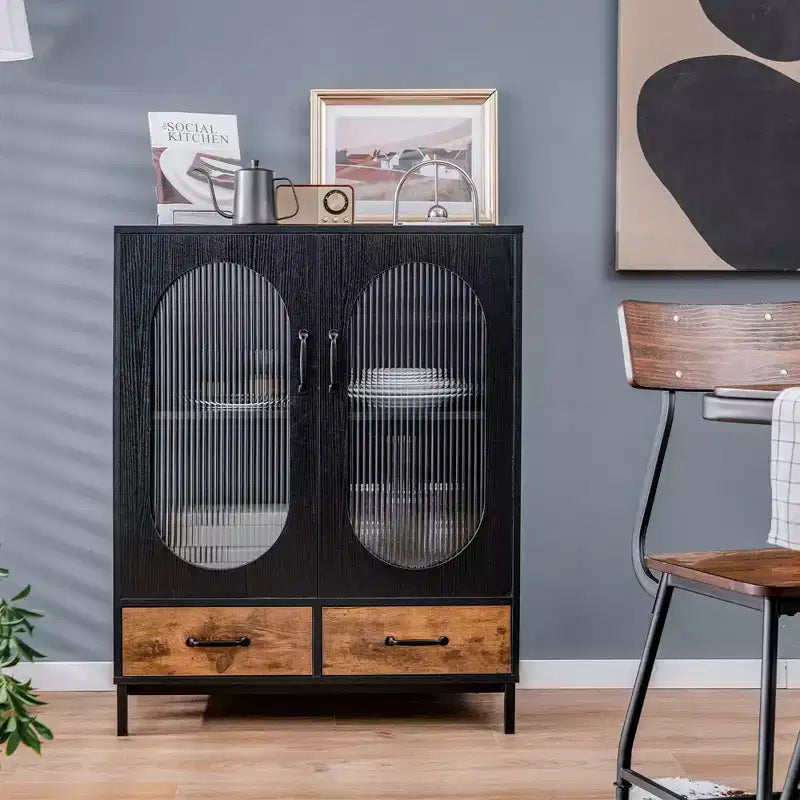 Meuble de Rangement de Cuisine Autonome Buffet avec 2 Portes Vitrées et Tiroirs