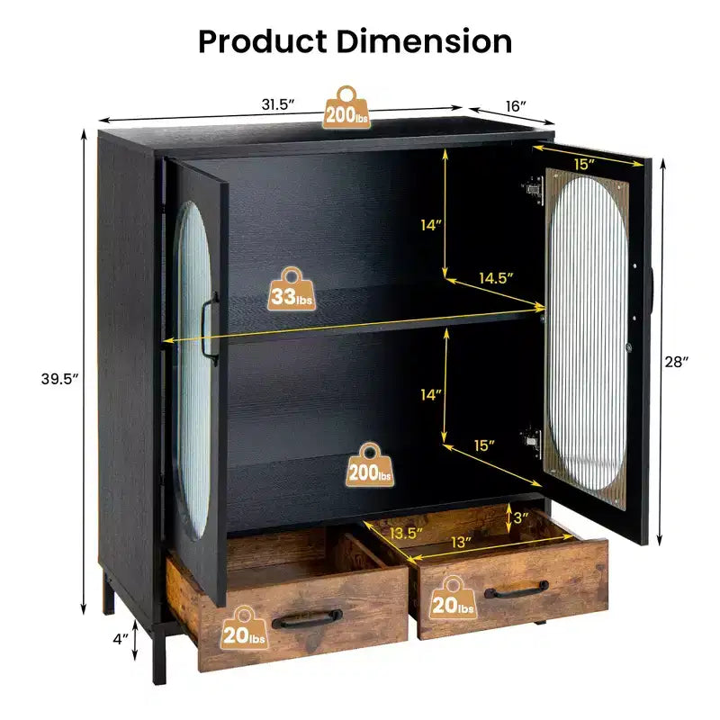 Meuble de Rangement de Cuisine Autonome Buffet avec 2 Portes Vitrées et Tiroirs
