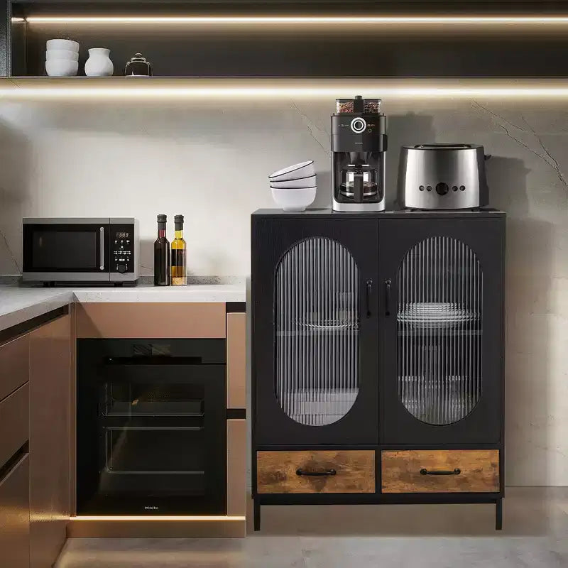 Meuble de Rangement de Cuisine Autonome Buffet avec 2 Portes Vitrées et Tiroirs