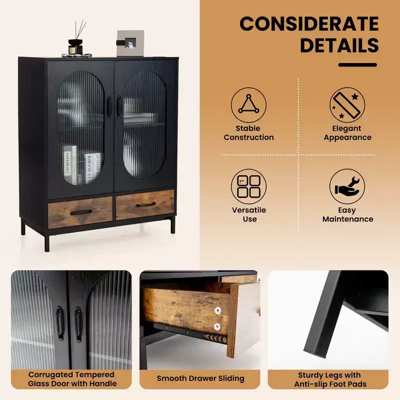 Meuble de Rangement de Cuisine Autonome Buffet avec 2 Portes Vitrées et Tiroirs