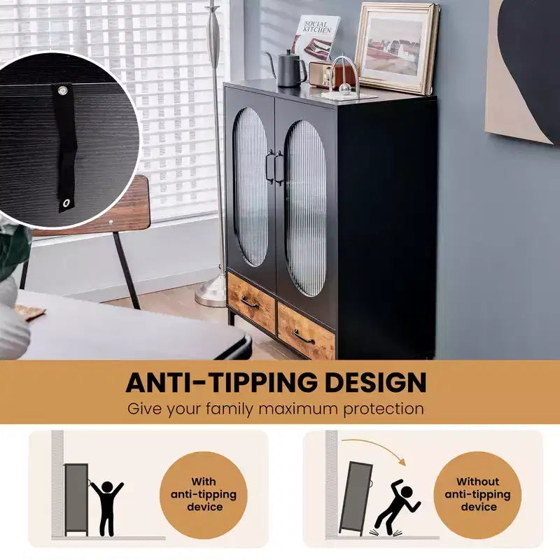 Meuble de Rangement de Cuisine Autonome Buffet avec 2 Portes Vitrées et Tiroirs