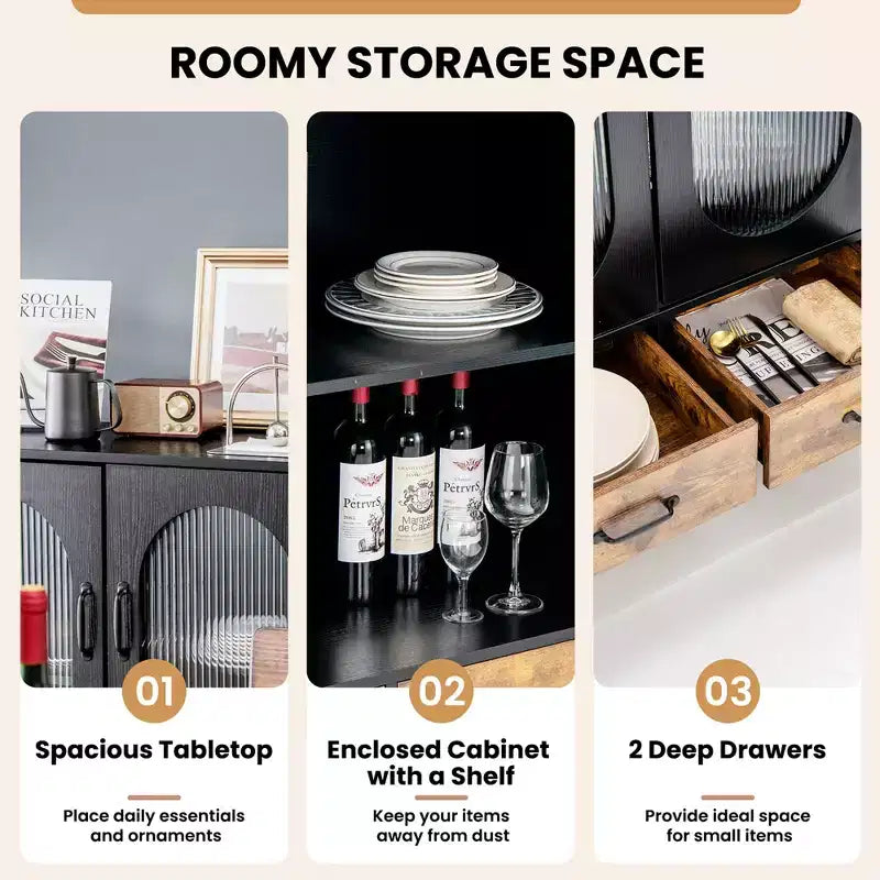 Meuble de Rangement de Cuisine Autonome Buffet avec 2 Portes Vitrées et Tiroirs