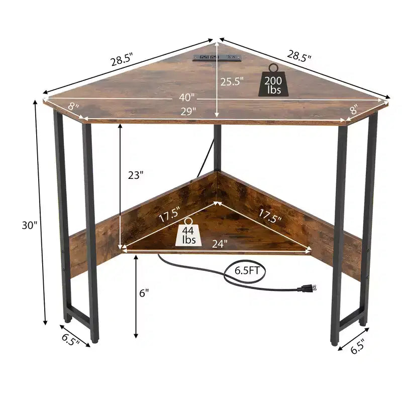 Bureau d'angle triangulaire pour ordinateur Bureau à domicile avec prises de courant Ports USB Noir/Rustique
